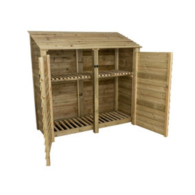 Wooden log store with door and kindling shelf W-187cm, H-180cm, D-88cm - natural (light green) finish