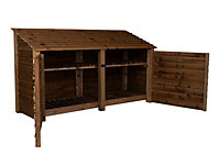 Wooden log store with door and kindling shelf W-227cm, H-126cm, D-88cm - brown finish
