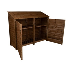 Wooden log store with door and kindling shelf W-227cm, H-180cm, D-88cm - brown finish