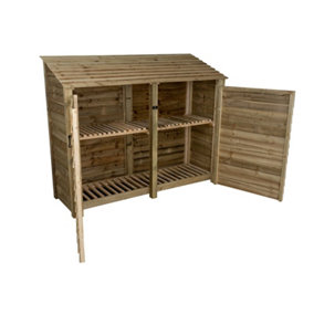 Wooden log store with door and kindling shelf W-227cm, H-180cm, D-88cm - natural (light green) finish