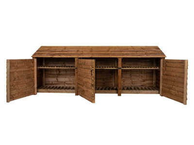 Wooden log store with door and kindling shelf W-335cm, H-126cm, D-88cm - brown finish