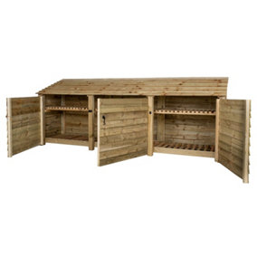 Wooden log store with door and kindling shelf W-335cm, H-126cm, D-88cm - natural (light green) finish