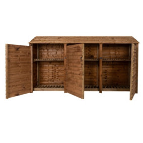 Wooden log store with door and kindling shelf W-335cm, H-180cm, D-88cm - brown finish