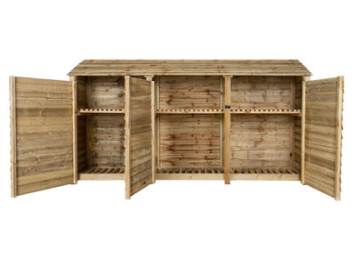 Wooden log store with door and kindling shelf W-335cm, H-180cm, D-88cm - natural (light green) finish