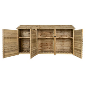 Wooden log store with door and kindling shelf W-335cm, H-180cm, D-88cm - natural (light green) finish