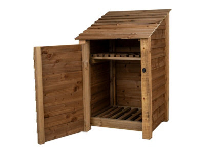 Wooden log store with door and kindling shelf W-79cm, H-126cm, D-88cm - brown finish