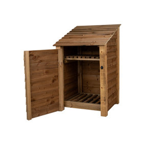 Wooden log store with door and kindling shelf W-79cm, H-126cm, D-88cm - brown finish