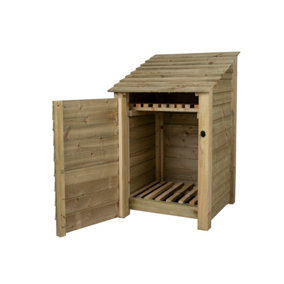 Wooden log store with door and kindling shelf W-79cm, H-126cm, D-88cm - natural (light green) finish