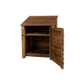 Wooden log store with door and kindling shelf W-99cm, H-126cm, D-88cm - brown finish