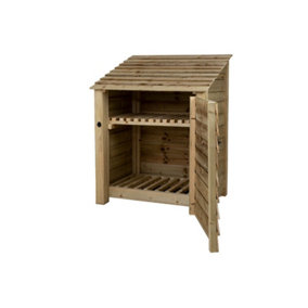 Wooden log store with door and kindling shelf W-99cm, H-126cm, D-88cm - natural (light green) finish