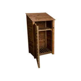 Wooden log store with door and kindling shelf W-99cm, H-180cm, D-88cm - brown finish