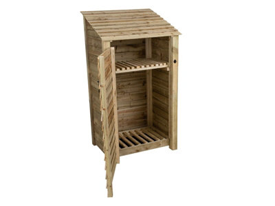 Wooden log store with door and kindling shelf W-99cm, H-180cm, D-88cm - natural (light green) finish