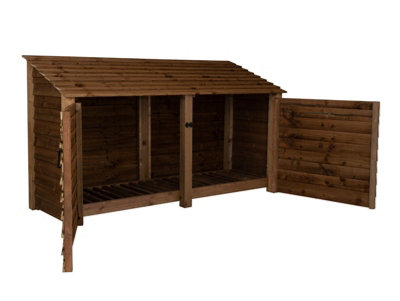 Wooden log store with door W-227cm, H-126cm, D-88cm - brown finish