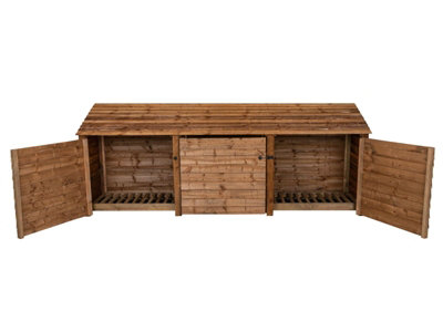 Wooden log store with door W-335cm, H-126cm, D-88cm - brown finish