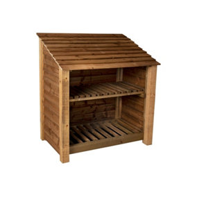 Wooden log store with kindling shelf W-119cm, H-126cm, D-88cm - brown finish