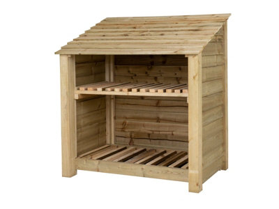 Wooden log store with kindling shelf W-119cm, H-126cm, D-88cm - natural (light green) finish