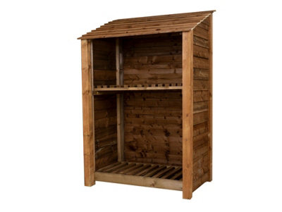 Wooden log store with kindling shelf W-119cm, H-180cm, D-88cm - brown finish