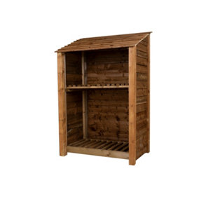 Wooden log store with kindling shelf W-119cm, H-180cm, D-88cm - brown finish