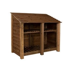 Wooden log store with kindling shelf W-146cm, H-126cm, D-88cm - brown finish