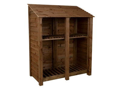 Wooden log store with kindling shelf W-146cm, H-180cm, D-88cm - brown finish