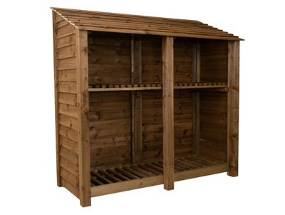 Wooden log store with kindling shelf W-187cm, H-180cm, D-88cm - brown finish