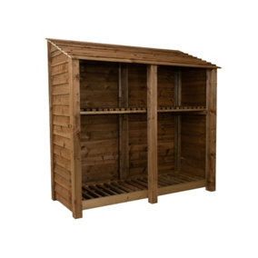 Wooden log store with kindling shelf W-187cm, H-180cm, D-88cm - brown finish