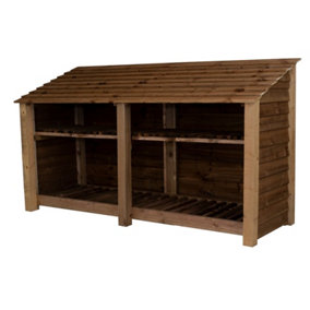 Wooden log store with kindling shelf W-227cm, H-126cm, D-88cm - brown finish