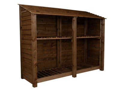 Wooden log store with kindling shelf W-227cm, H-180cm, D-88cm - brown finish