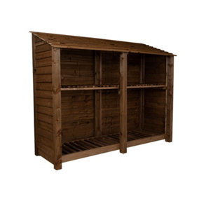 Wooden log store with kindling shelf W-227cm, H-180cm, D-88cm - brown finish