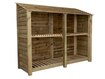 Wooden log store with kindling shelf W-227cm, H-180cm, D-88cm - natural (light green) finish