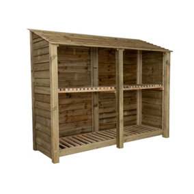 Wooden log store with kindling shelf W-227cm, H-180cm, D-88cm - natural (light green) finish