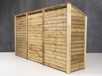 Wooden log store with kindling shelf W-335cm, H-180cm, D-88cm - natural (light green) finish
