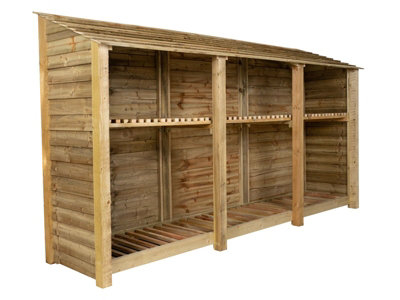 Wooden log store with kindling shelf W-335cm, H-180cm, D-88cm - natural (light green) finish