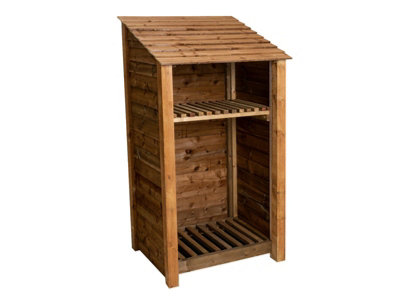 Wooden log store with kindling shelf W-99cm, H-180cm, D-88cm - brown finish