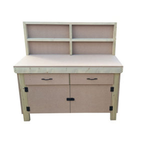 Wooden MDF top storage workbench with lockable cupboard and drawers (V.4)  (H-90cm, D-70cm, L-120cm) with back
