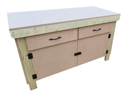 Wooden MDF top storage workbench with lockable cupboard and drawers (V.4)  (H-90cm, D-70cm, L-120cm)