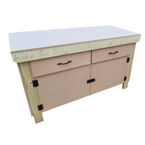 Wooden MDF top storage workbench with lockable cupboard and drawers (V.4)  (H-90cm, D-70cm, L-120cm)