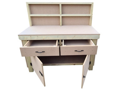 Wooden MDF top storage workbench with lockable cupboard and drawers (V ...