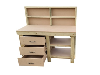 Wooden MDF top tool cabinet workbench with storage shelf (V.7) (H-90cm, D-70cm, L-180cm) with back panel and double shelf