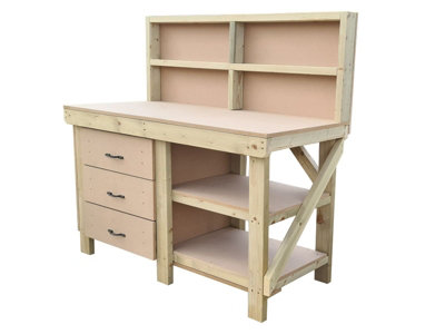 Wooden MDF top tool cabinet workbench with storage shelf (V.7) (H-90cm, D-70cm, L-180cm) with back panel and double shelf
