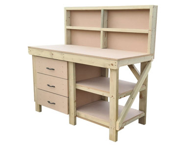 Wooden MDF top tool cabinet workbench with storage shelf (V.7) (H-90cm, D-70cm, L-240cm) with back panel and double shelf