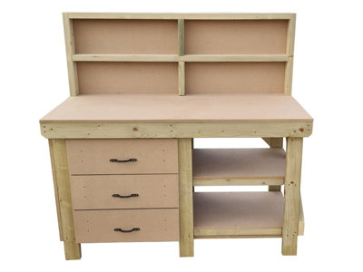 Wooden MDF top tool cabinet workbench with storage shelf (V.7) (H-90cm, D-70cm, L-240cm) with back panel and double shelf