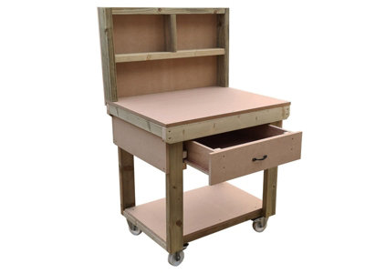 Wooden MDF top workbench, tool cabinet with drawer (V.1) (H-90cm, D-70cm, L-90cm) with back and wheels