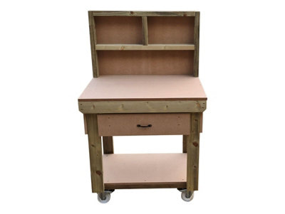 Wooden MDF top workbench, tool cabinet with drawer (V.1) (H-90cm, D-70cm, L-90cm) with back and wheels