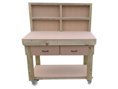Wooden MDF top workbench, tool cabinet with drawers (V.1) (H-90cm, D-70cm, L-120cm) with back and wheels