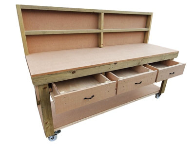 Wooden MDF top workbench, tool cabinet with drawers (V.1) (H-90cm, D-70cm, L-210cm) with back and wheels