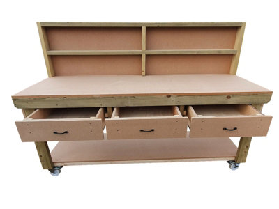 Wooden MDF top workbench, tool cabinet with drawers (V.1) (H-90cm, D-70cm, L-210cm) with back and wheels
