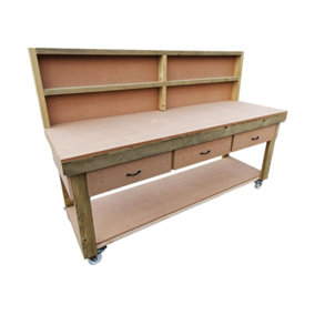 Wooden MDF top workbench, tool cabinet with drawers (V.1) (H-90cm, D-70cm, L-240cm) with back and wheels