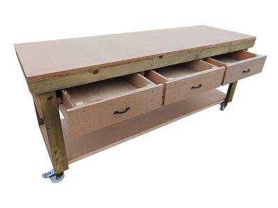 Wooden MDF top workbench, tool cabinet with drawers (V.1) (H-90cm, D-70cm, L-240cm) with wheels
