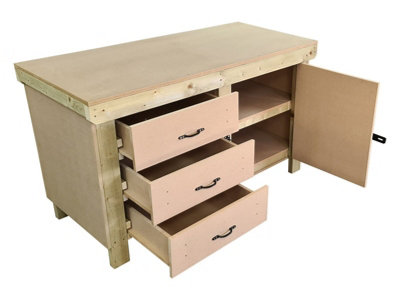 Wooden MDF top workbench, tool cabinet with lockable cupboard (V.3) (H-90cm, D-70cm, L-150cm) double shelf